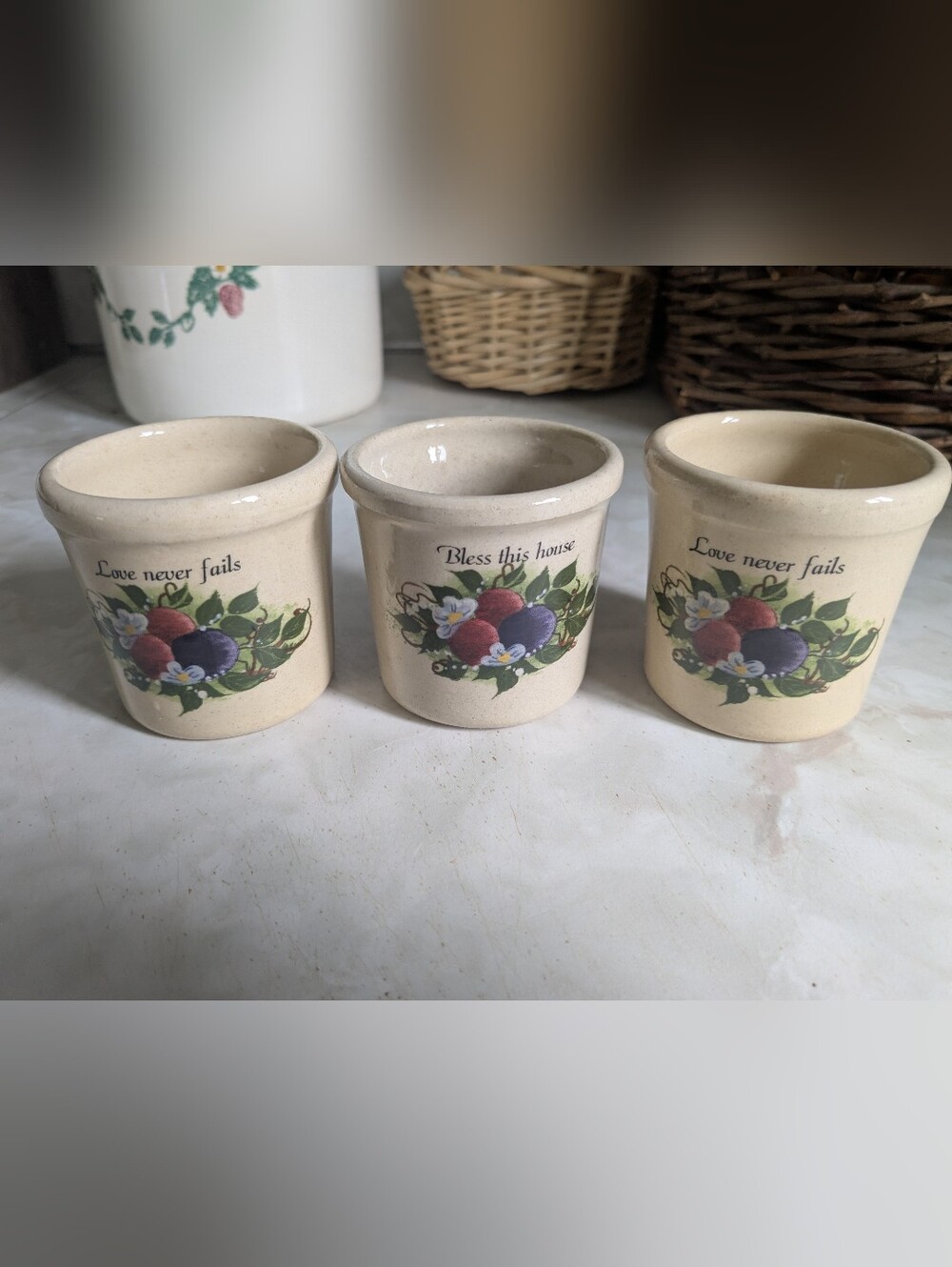 3 Bless This House Ceramic Crock - Floral Fruit Design